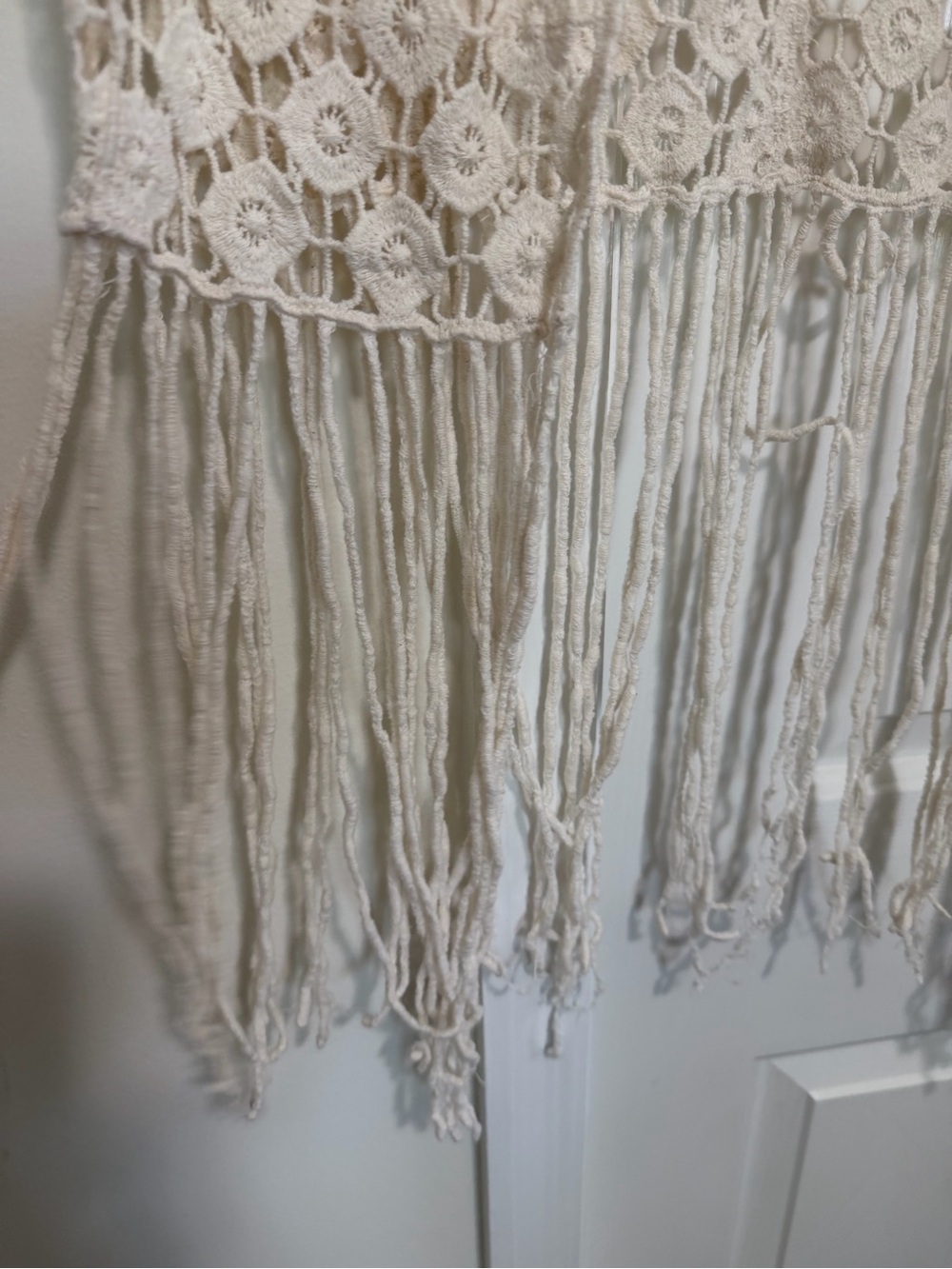 Rebellion Again Cream Off White Crochet Style Boho Cardigan Duster Fringe Size M - Picture 8 of 11